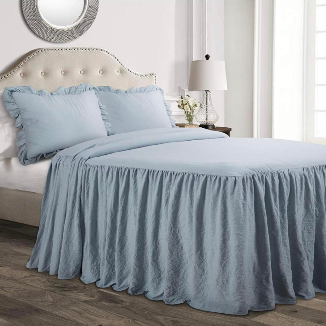 Bedspread Ruffled Blanket with Two Shams-Blue