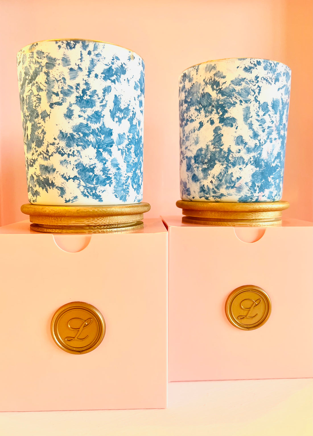 Hand painted candle pair blue and white