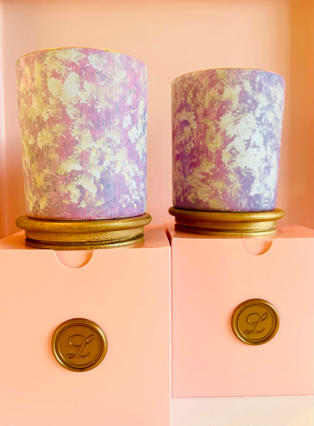 Hand painted candle pair lavender floral