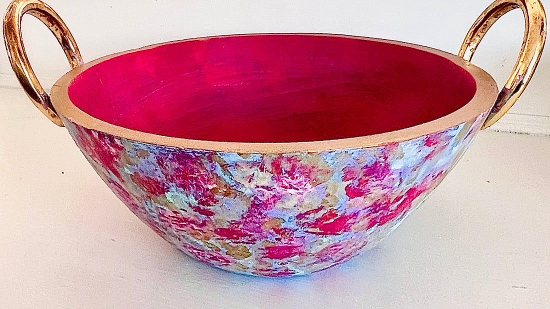 Hand painted large wooden fruit bowl