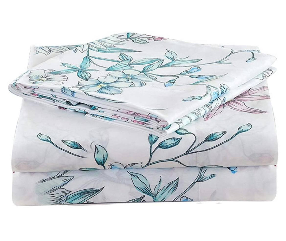 Linen Sheet Sets-Soft Teal & Pink Flowers