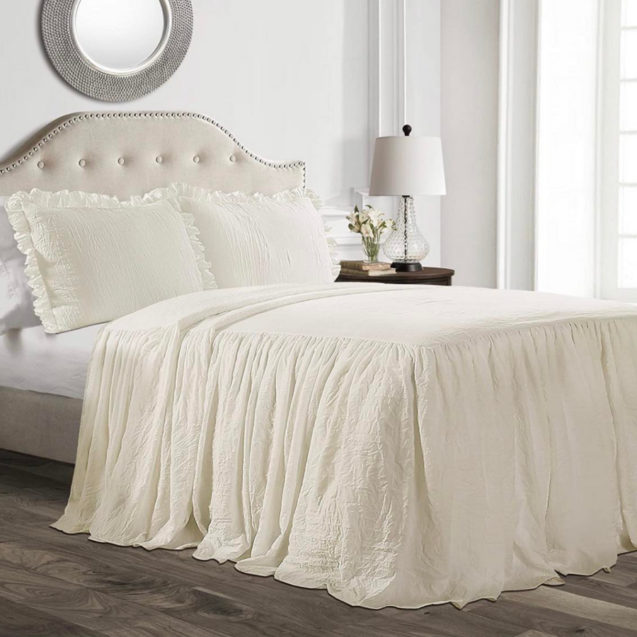 Bedspread Ruffled Blanket with Two Shams-Cream