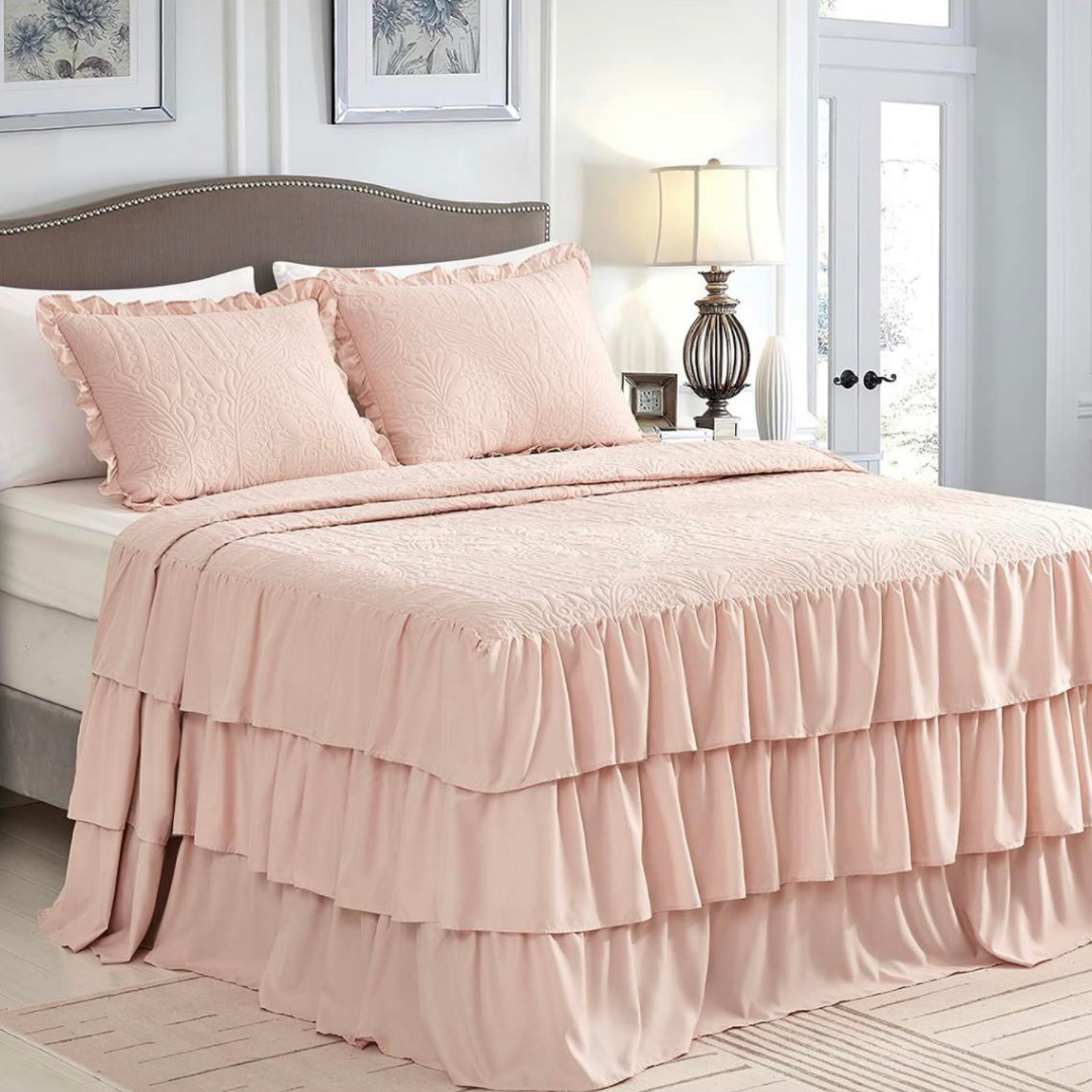 Bedspread Ruffled Blanket with Two Shams-Peach Ruffles
