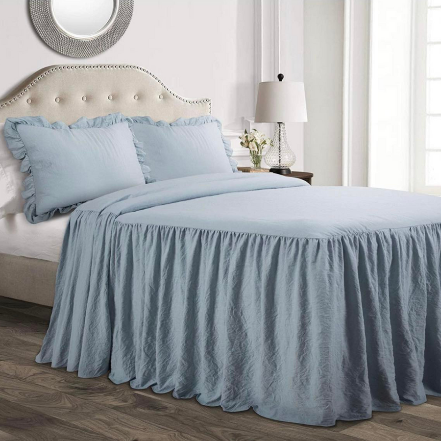 Bedspread Ruffled Blanket with Two Shams-Blue