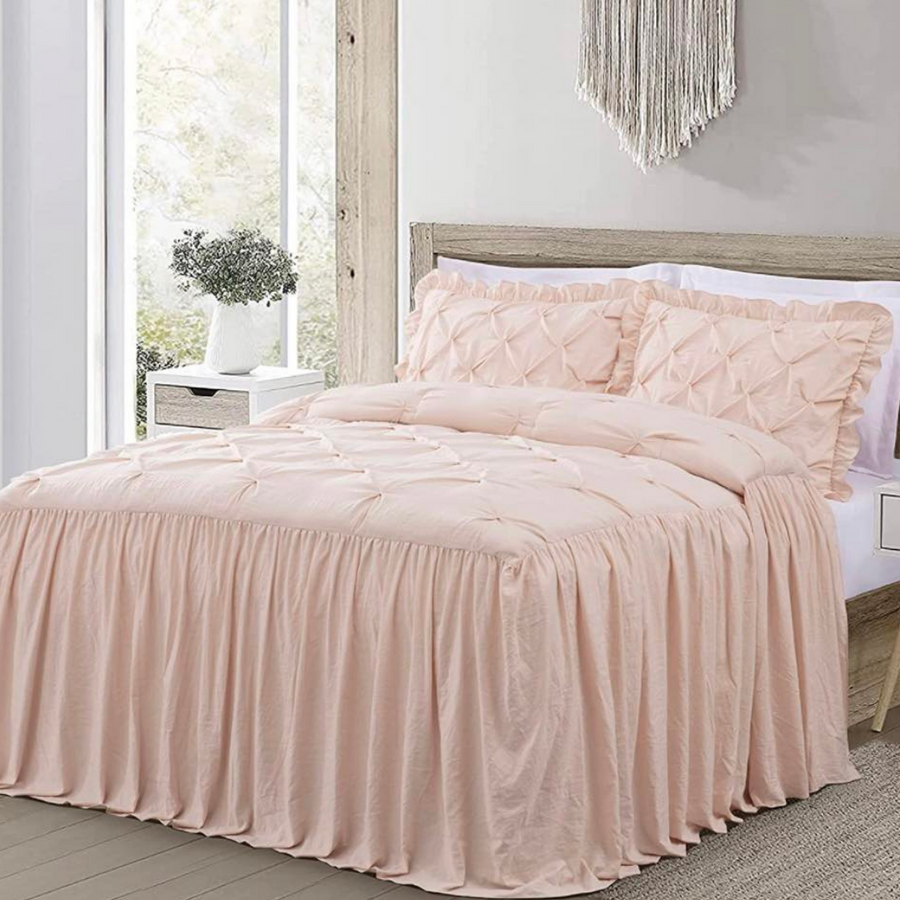 Bedspread Ruffled Blanket with Two Shams-Peach Ruffles