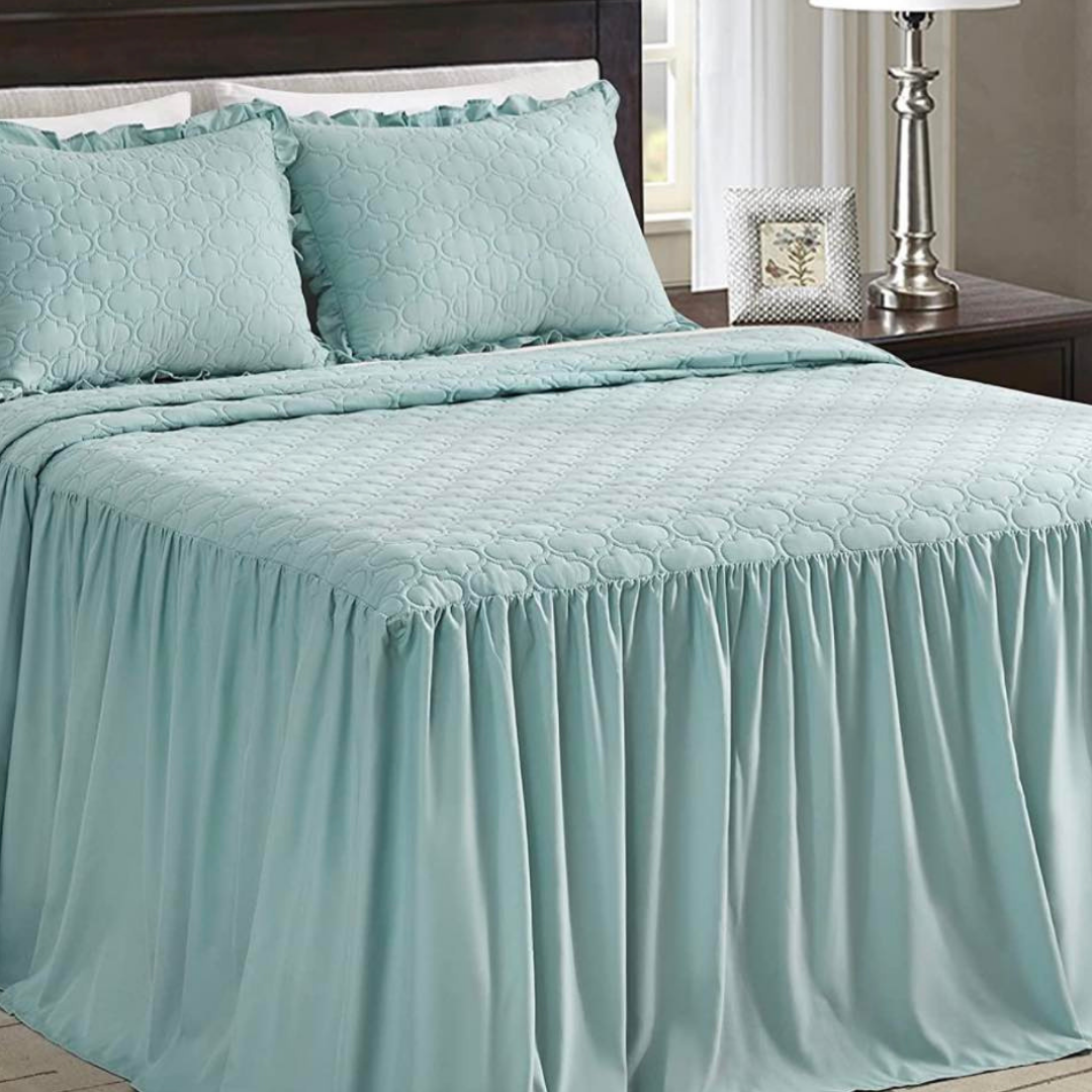 Bedspread Ruffled Blanket with Two Shams-Teal Lined