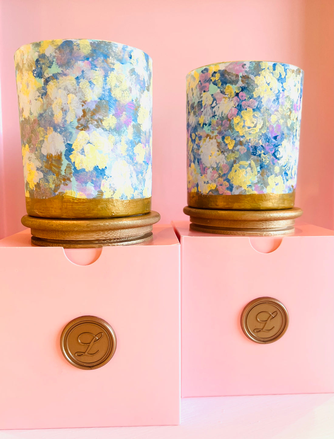 Hand painted candle pair French floral